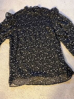 New! BCBG Black Printed Ruffle Neck Long-Sleeve Women's Top